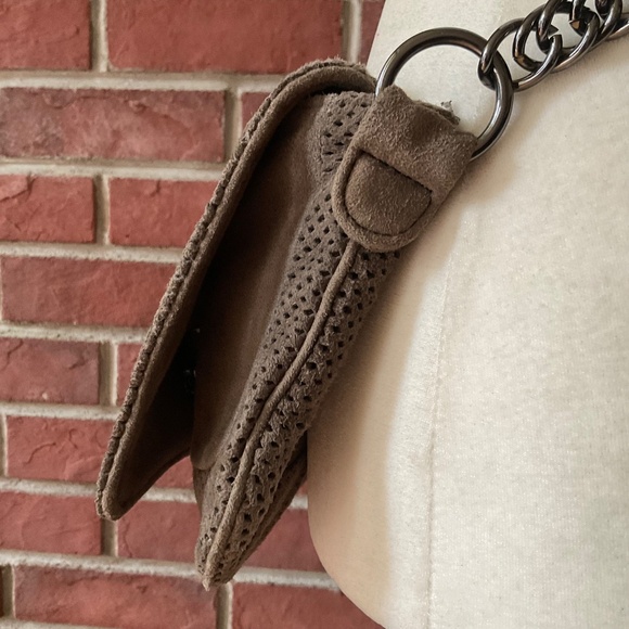 ASH Dark Taupe Leather Suede Boho Crossbody Chunky Metal Strap Bag - Picture 12 of 16